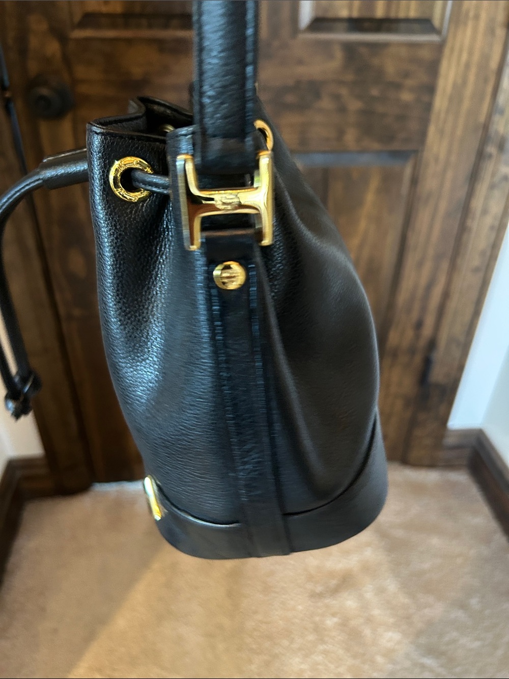 MCM Black Leather Mini Drawstring Bucket Bag with Gold Accents - Picture 7 of 14